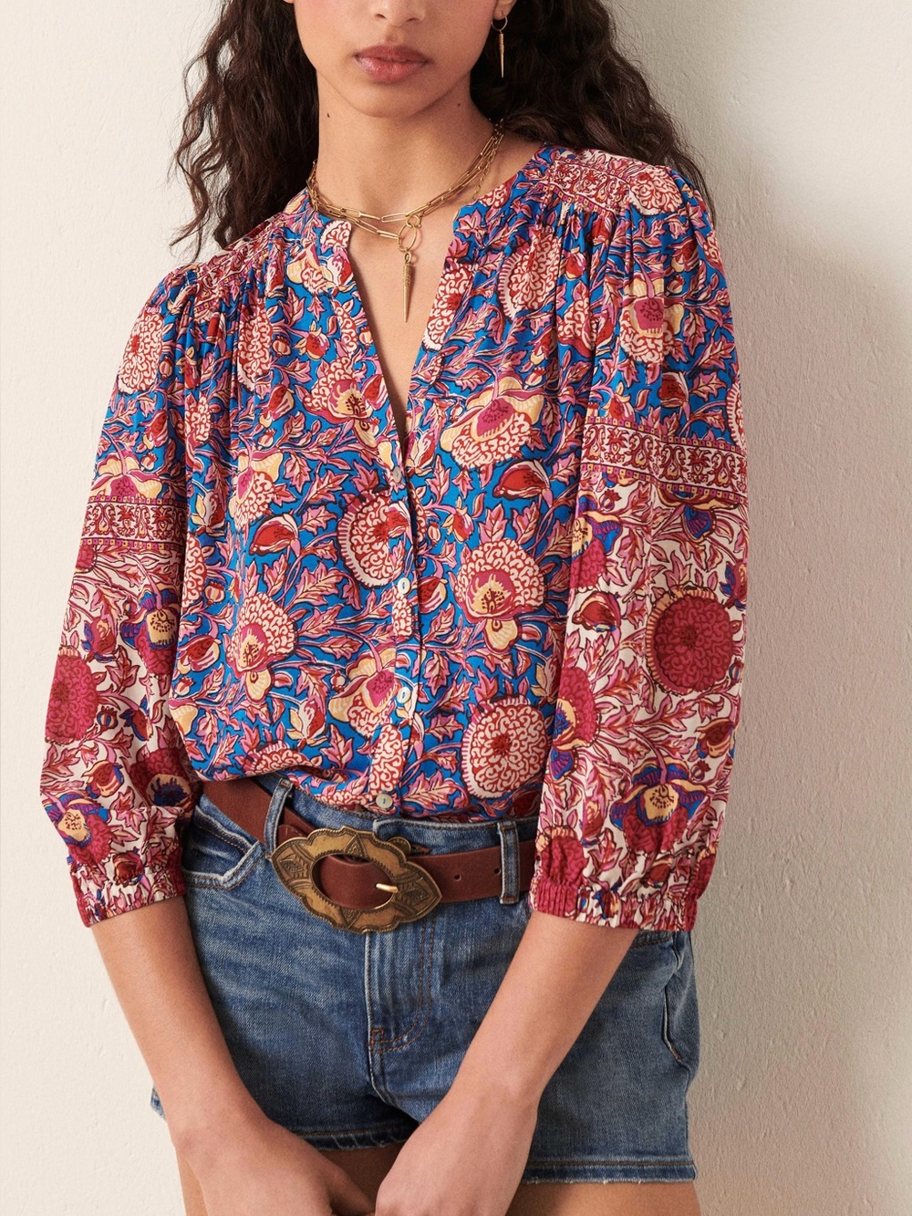Ba&sh Colorful Boho Floral Print Button Front 3/4 Sleeve Blouse